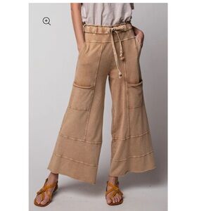 EASEL Mineral Wash Terry Knit Pants Camel Wide Leg small cargo sweatpants lounge